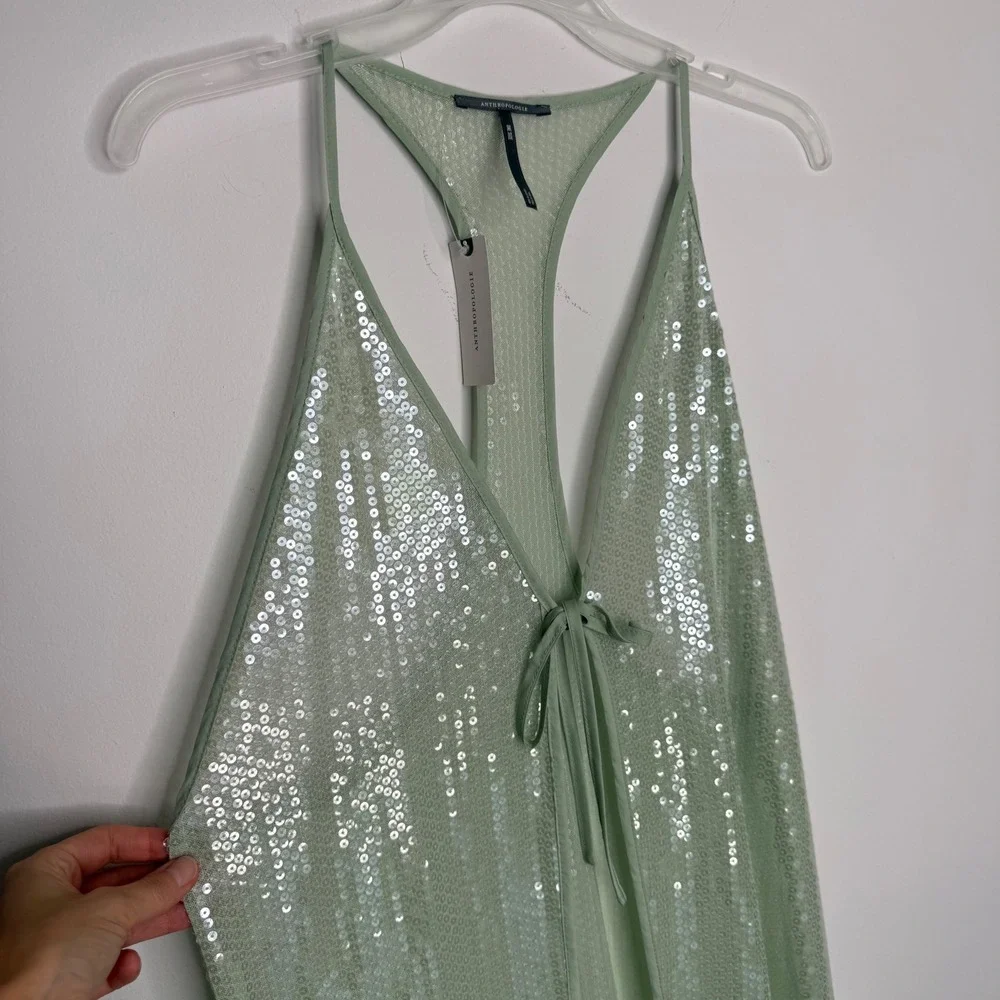 Anthropologie Kaftan Mint Green Sequin Mesh Swim Cover-Up Racerback Midi OS NWT
